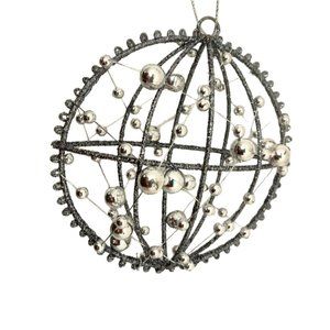Gray Wire Ornament Silver Beaded Glitter Round 6 inch